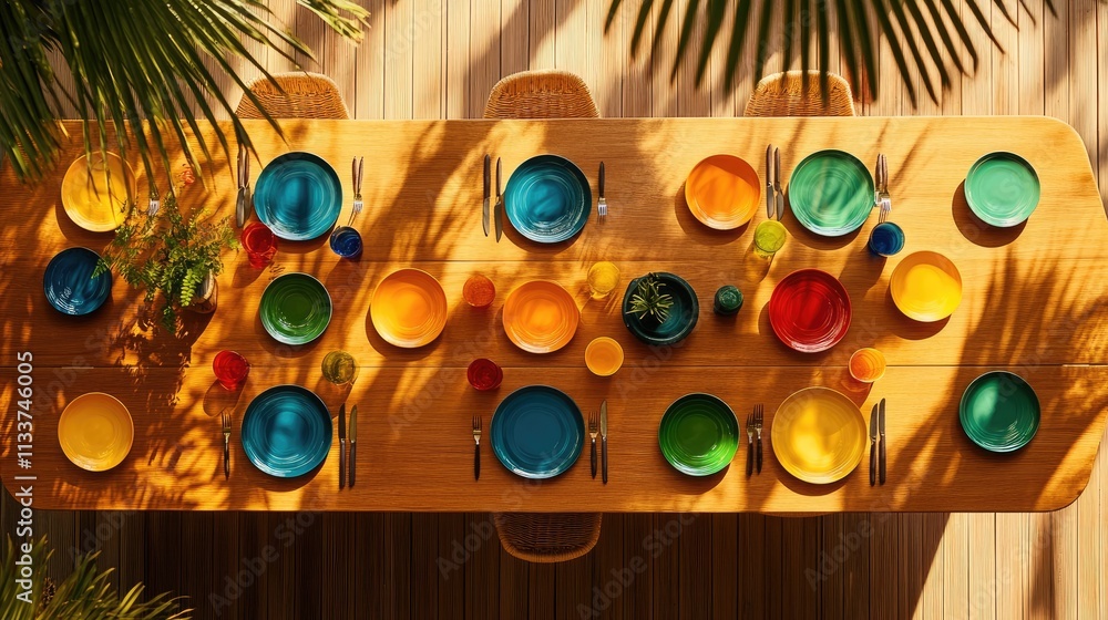 Vibrant Dinner Table Setting with Colorful Plates and Cutlery Vibrant Dinner Table Setting with Colorful Plates and Cutlery