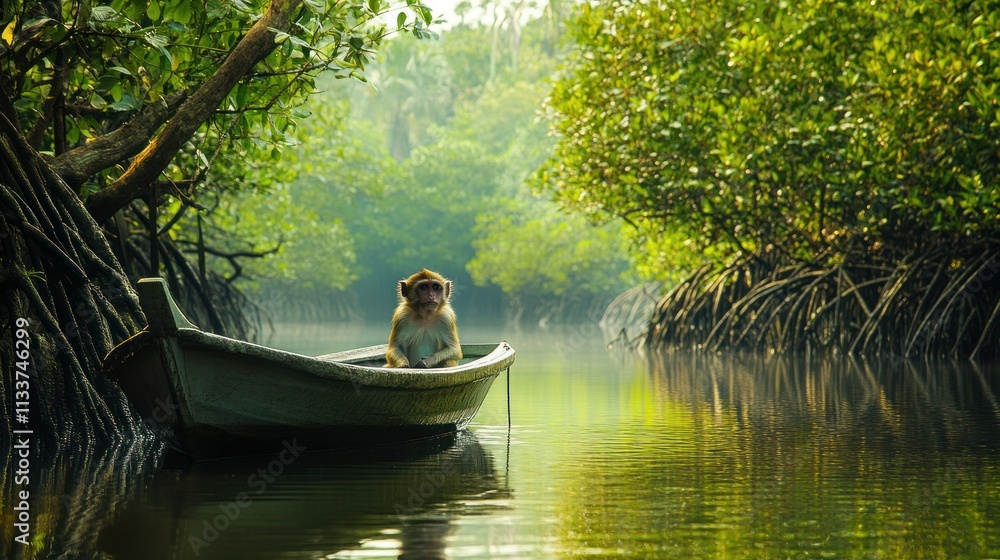 Fototapeta premium A curious monkey inspecting a small boat tied to a mangrove tree, the water reflecting the dense foliage around it
