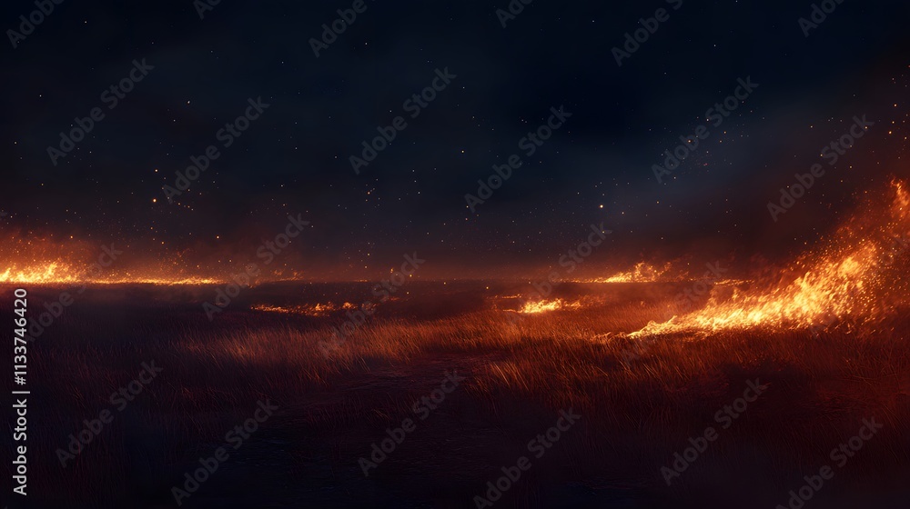 Obraz premium Nighttime Grassland Fire Burning Under Starry Sky