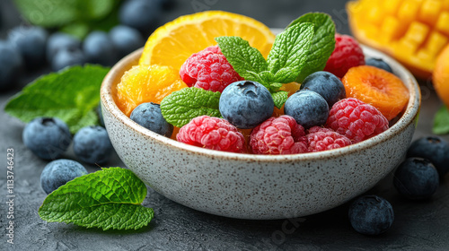 Fresh mixed fruit salad featuring blueberries, raspberries, oranges, and mint leaves in textured bowl, perfect for healthy snack or dessert