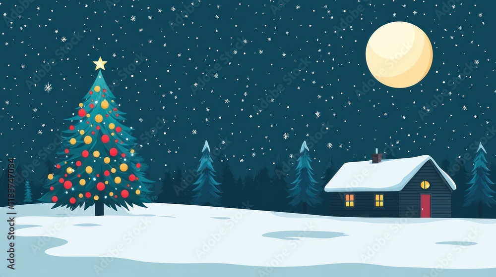 A peaceful winter night with a cabin surrounded by snow, a colorful Christmas tree, and sleigh silhouetted in the moonlit sky. - A peaceful winter night with a cabin surrounded by snow, a colorful Christmas tree, and sleigh silhouetted in the moonlit sky. -