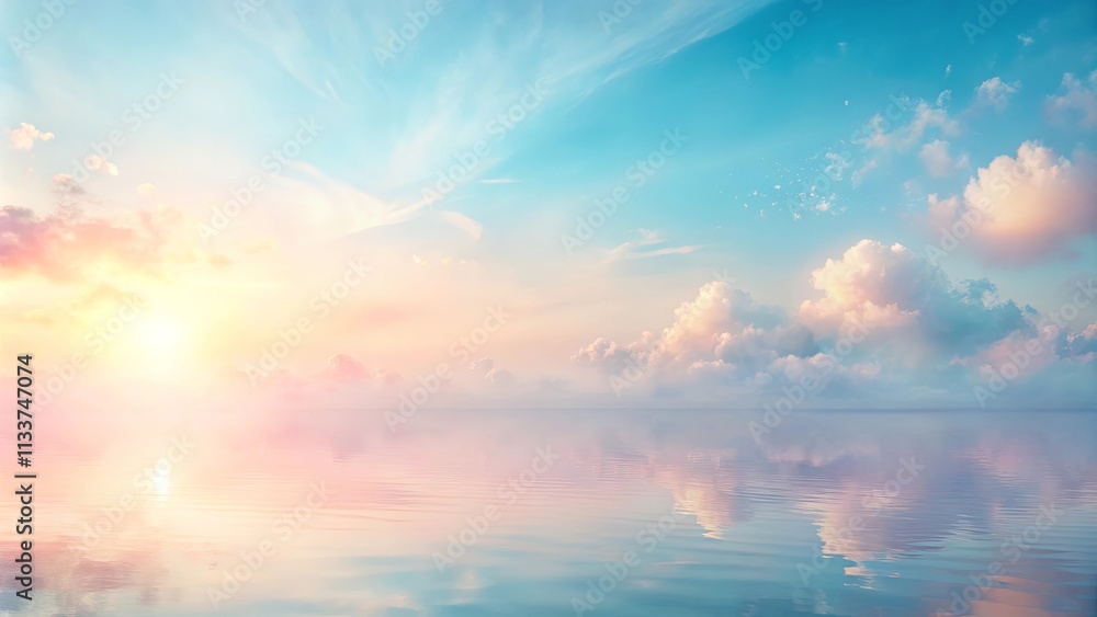 Serene Sunrise Over Calm Water, Pastel Sky with Soft Clouds Reflecting on the Surface Serene Sunrise Over Calm Water, Pastel Sky with Soft Clouds Reflecting on the Surface