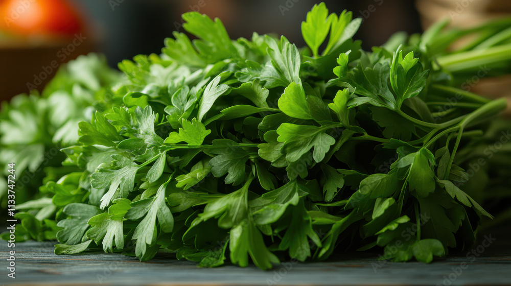 Fresh parsley leaves arranged on wooden surface, showcasing vibrant green color and texture, perfect for culinary use or garnishing dishes Fresh parsley leaves arranged on wooden surface, showcasing vibrant green color and texture, perfect for culinary use or garnishing dishes