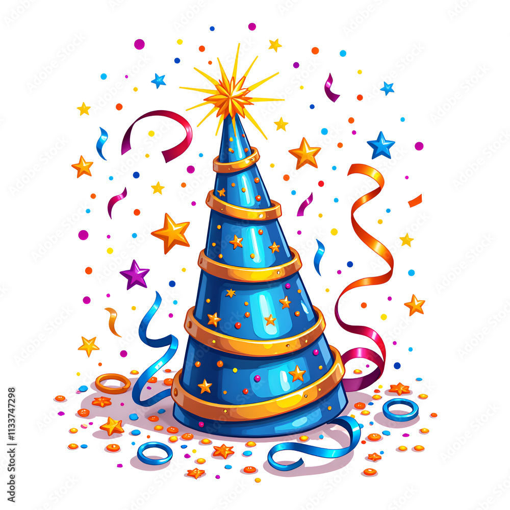 Vibrant party cone with colorful confetti and streamers celebrating a joyous occasion, digital art of festivity concept. Vibrant party cone with colorful confetti and streamers celebrating a joyous occasion, digital art of festivity concept.