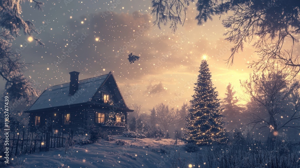 A stunning winter landscape with a picturesque home, a dazzling Christmas tree, falling snow, and Santa's silhouette flying through the sky A stunning winter landscape with a picturesque home, a dazzling Christmas tree, falling snow, and Santa's silhouette flying through the sky