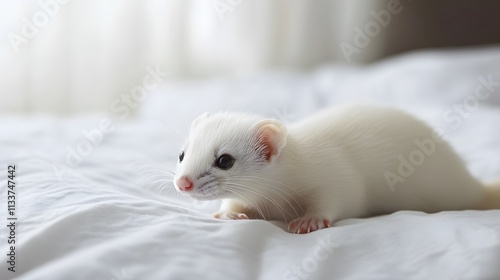 8. A curious white ferret exploring a clean white space