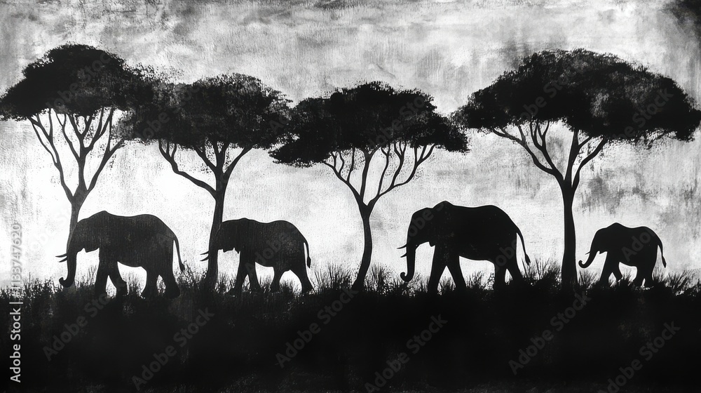 Fototapeta premium Silhouetted Elephants Against a Dramatic Sky