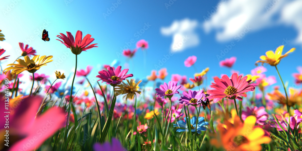Beatiful sky and flower meadow concept. lively flower meadow under bright and clear sky with colorful blooms Beatiful sky and flower meadow concept. lively flower meadow under bright and clear sky with colorful blooms