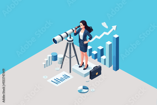 Vision for Growth, Isometric Design of a Successful Businesswoman on a Growth Chart with a Telescope