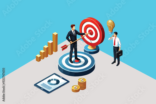 Precision in Focus, Isometric Design of a Businessman Achieving Targets with Accuracy