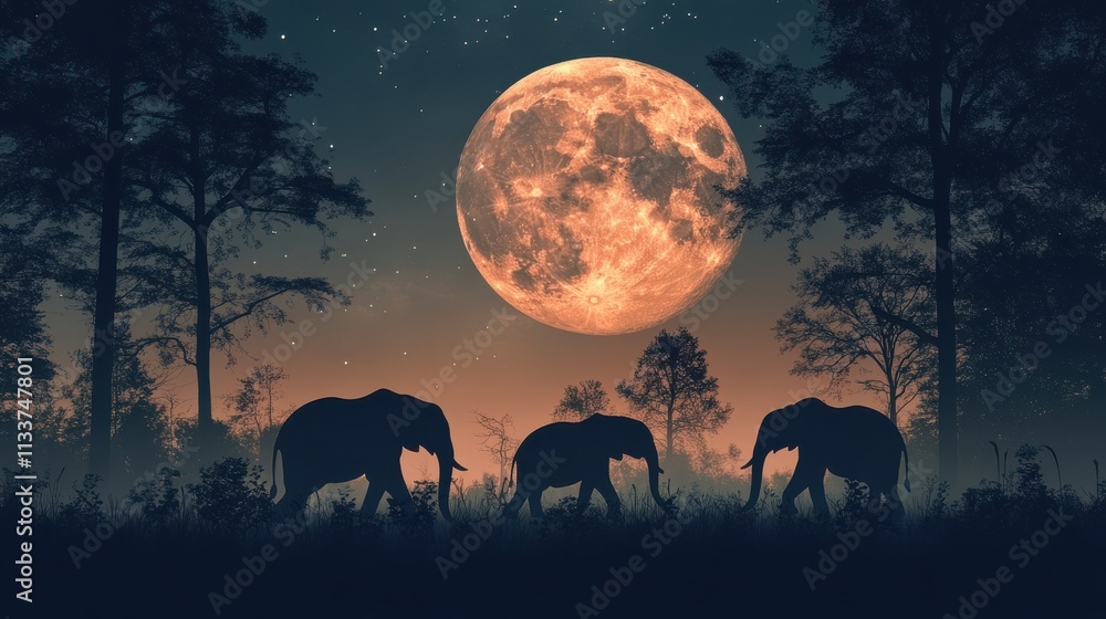 Naklejka premium Elephants Silhouetted Against a Full Moon Landscape