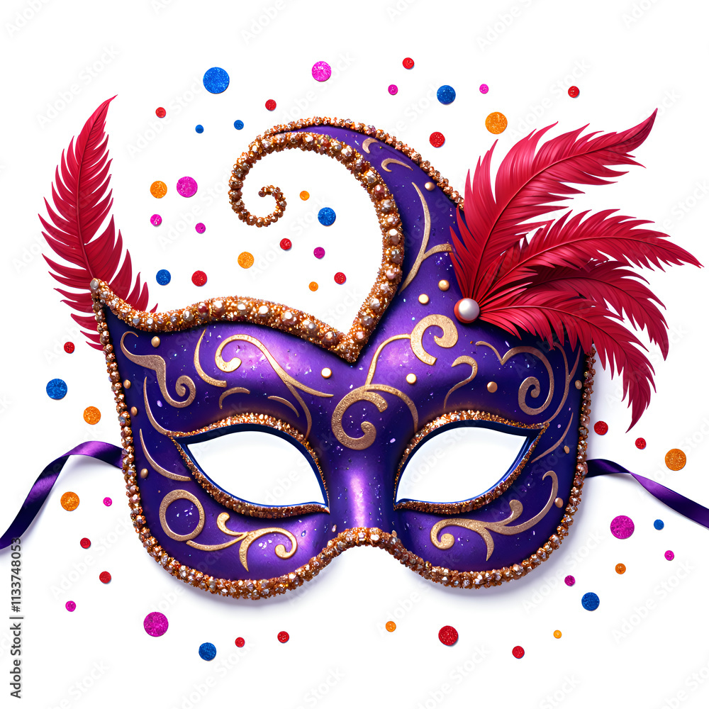 Whimsical purple carnival mask embellished with feathers and sparkles, digital art of still life concept. Whimsical purple carnival mask embellished with feathers and sparkles, digital art of still life concept.