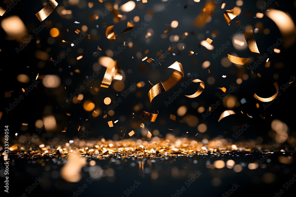 Obraz premium A dynamic scene of golden confetti falling against a dark background, evoking celebration.