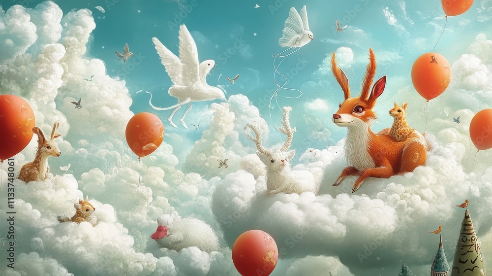 Naklejka premium Dreamy Animals in Clouds with Balloons and Butterflies