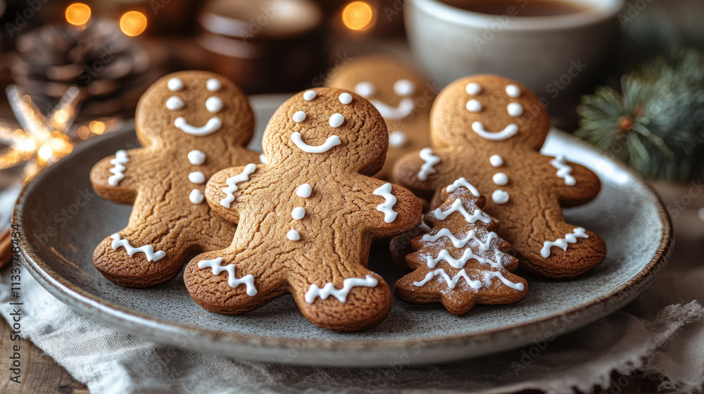Gingerbread cookies shaped like cheerful figures and Christmas tree are beautifully arranged on plate, evoking warm holiday spirit. Perfect for festive gatherings! Gingerbread cookies shaped like cheerful figures and Christmas tree are beautifully arranged on plate, evoking warm holiday spirit. Perfect for festive gatherings!
