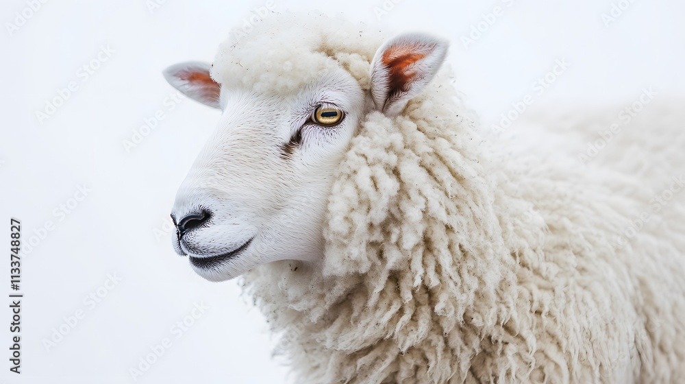 Fototapeta premium 24. A fluffy white sheep grazing in a white background setting