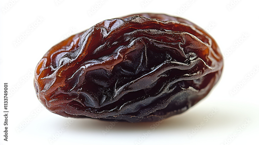 close up of single raisin showcasing its wrinkled texture and rich brown color, isolated on white background, highlighting its natural sweetness and appeal close up of single raisin showcasing its wrinkled texture and rich brown color, isolated on white background, highlighting its natural sweetness and appeal