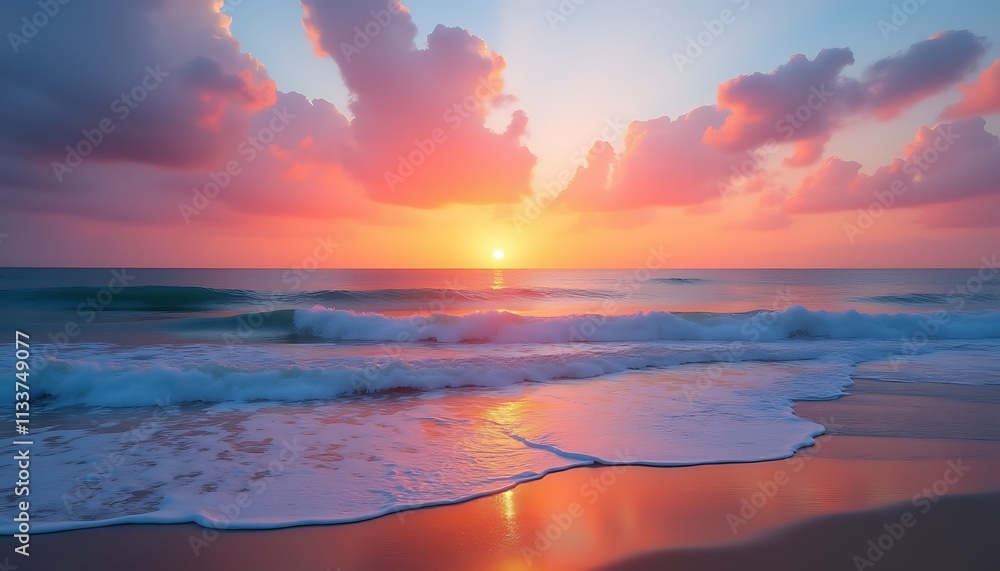 Serene Sunset Ocean Beach Waves Sky Pink Clouds Calm Sea Serene Sunset Ocean Beach Waves Sky Pink Clouds Calm Sea