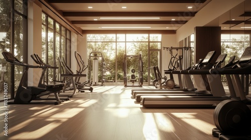 Interior of a comfortable sports club or fitness gym with exercise equipment