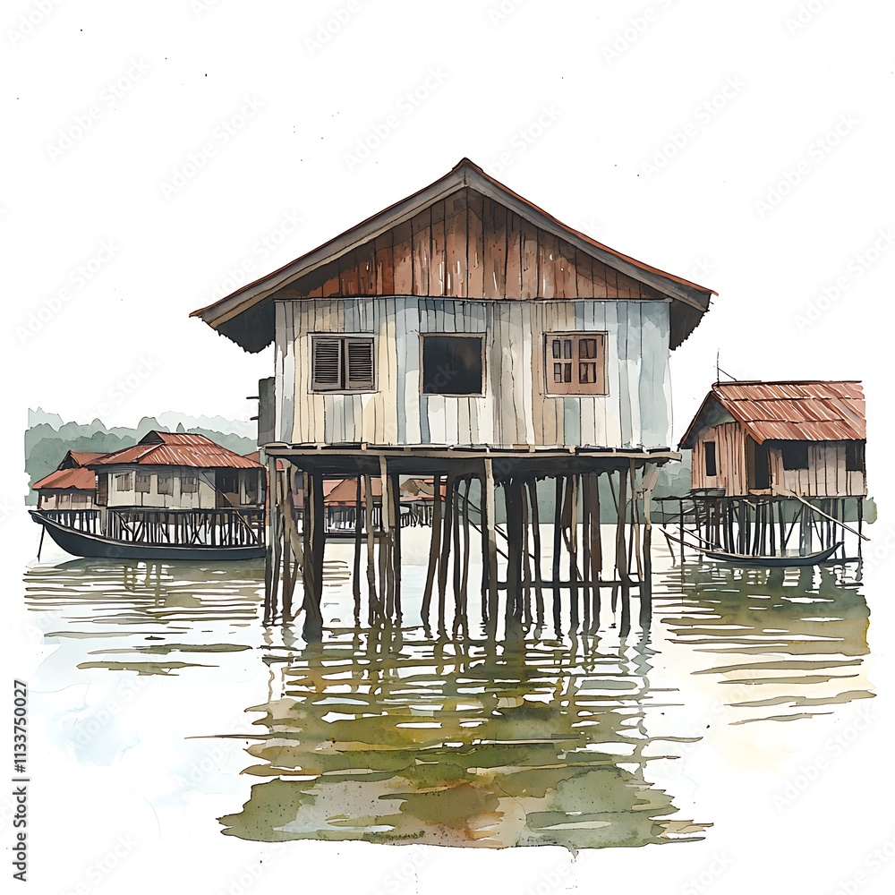 Watercolor Painting of Stilt Houses on a Calm Body of Water. Watercolor Painting of Stilt Houses on a Calm Body of Water.