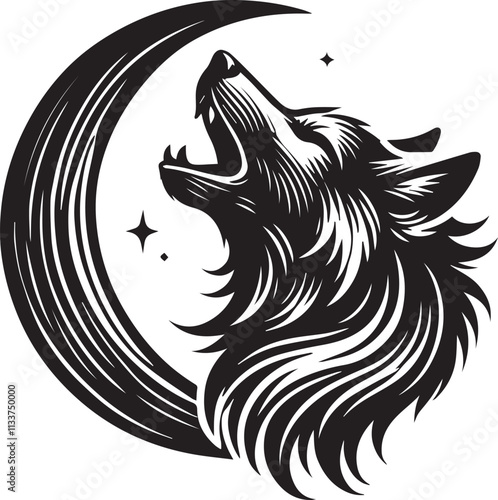 A wolf head howling at a crescent moon vector black silhouette