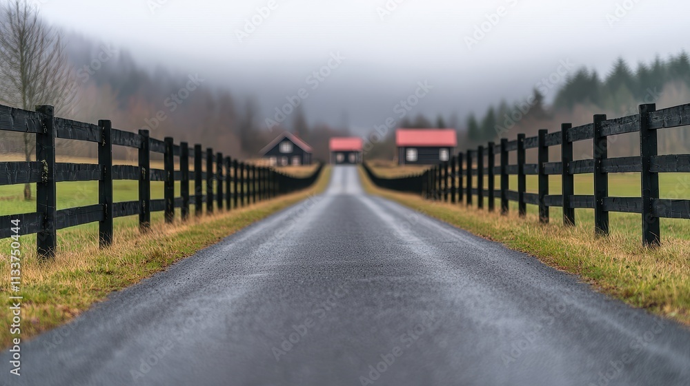 Serene Country Road Through Fenced Fields Leading to Farmhouses Serene Country Road Through Fenced Fields Leading to Farmhouses