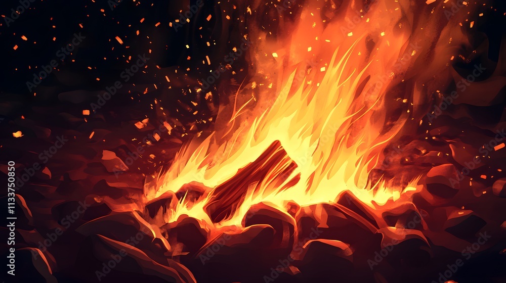 Fiery Embers Burning Brightly In Dark Night Fiery Embers Burning Brightly In Dark Night