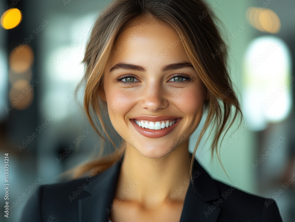 A woman in a suit is smiling for the camera A woman in a suit is smiling for the camera