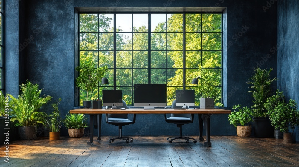 A modern office space with large windows, plants, and dual workstations. A modern office space with large windows, plants, and dual workstations.