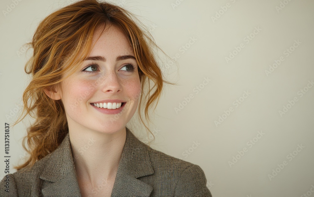 A woman in a suit is smiling for the camera A woman in a suit is smiling for the camera