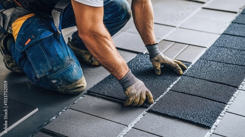 A diligent worker is installing carpet tiles on the floor. photo