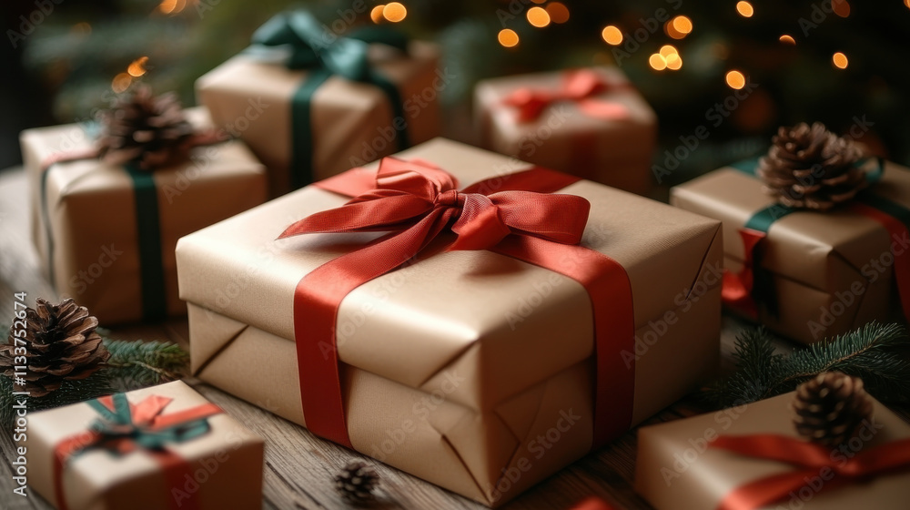 Wrapped Christmas presents with red and green ribbons, surrounded by pine cones and festive decorations, create warm holiday atmosphere Wrapped Christmas presents with red and green ribbons, surrounded by pine cones and festive decorations, create warm holiday atmosphere