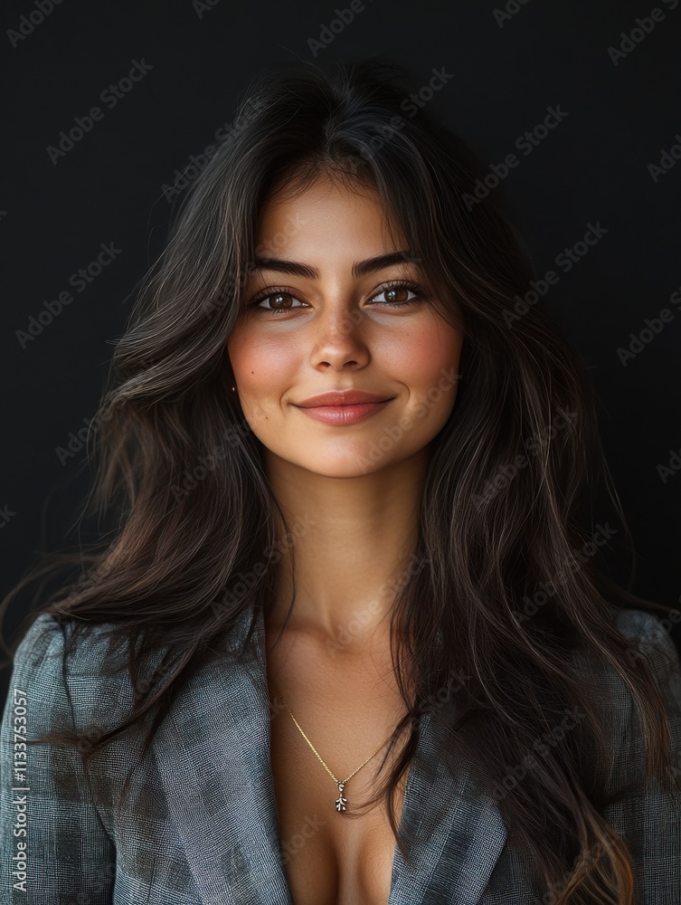 A woman in a suit is smiling for the camera A woman in a suit is smiling for the camera