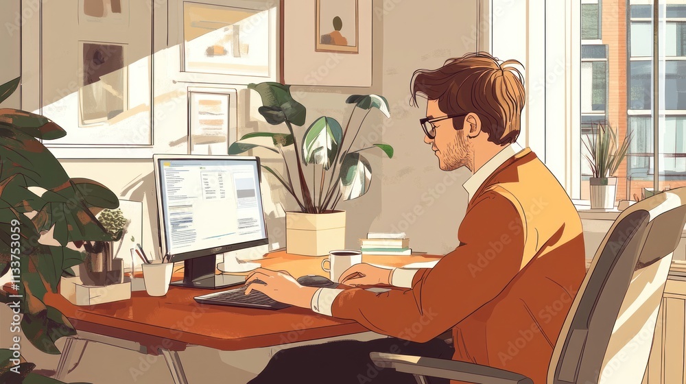 Man works from home office, sunlight streams through window. Man works from home office, sunlight streams through window.