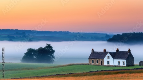 Serene countryside at dawn with mist and a charming farmhouse