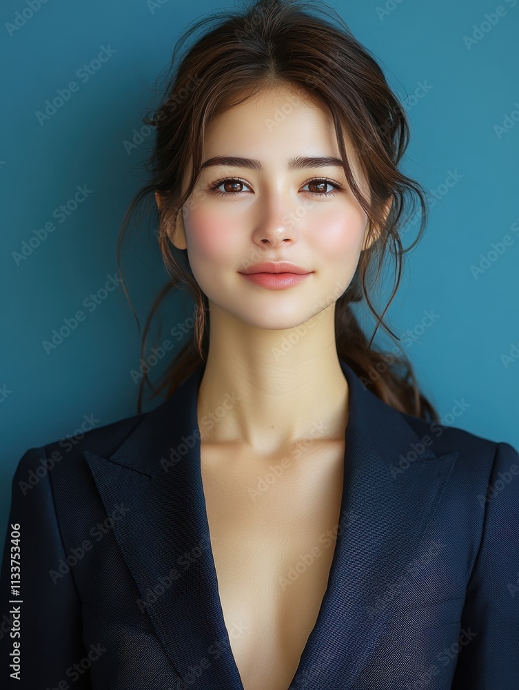 A woman in a suit is smiling for the camera A woman in a suit is smiling for the camera