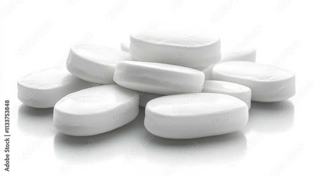 White oval tablets stacked on reflective surface, showcasing their smooth texture and clean appearance. Ideal for health related themes or pharmaceutical concepts White oval tablets stacked on reflective surface, showcasing their smooth texture and clean appearance. Ideal for health related themes or pharmaceutical concepts