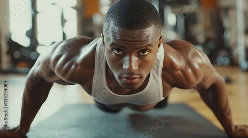 Focused Fitness: Intense Close-up of Muscular Man Doing Push-ups 