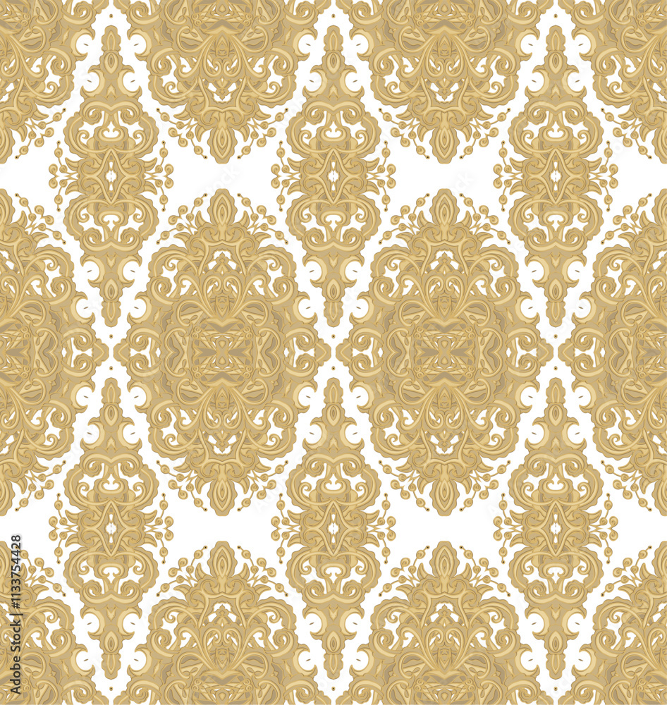 Seamless golden flourish laced ornament, ornamental texture, woven laced abstract pattern, on white background Seamless golden flourish laced ornament, ornamental texture, woven laced abstract pattern, on white background