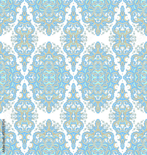 Seamless blue   flourish laced ornament, ornamental texture, woven laced abstract pattern, on white background