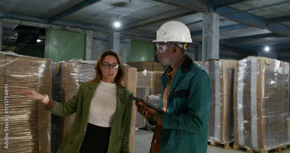 A worker and a boss are talking standing in a paper mill warehouse. A man uses a tablet A worker and a boss are talking standing in a paper mill warehouse. A man uses a tablet