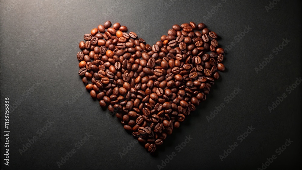 Aromatic coffee beans arranged in a heart shape on a dark surface, symbolizing love for coffee Aromatic coffee beans arranged in a heart shape on a dark surface, symbolizing love for coffee