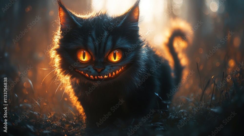 A mystical cat with glowing eyes and a sinister grin in a dark forest setting. A mystical cat with glowing eyes and a sinister grin in a dark forest setting.