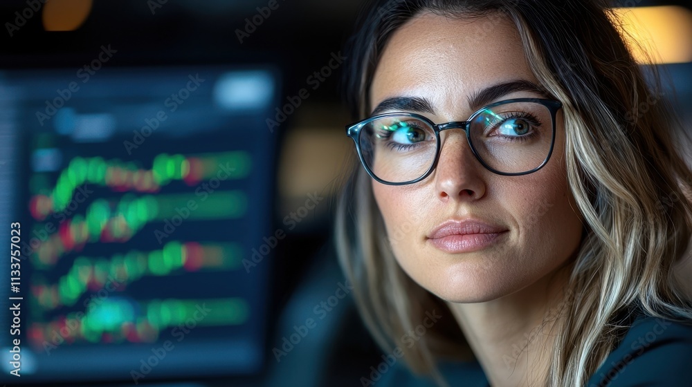 Focused female professional in smart glasses examining financial data charts and graphs displayed on computer screen in modern office setting representing data analysis Focused female professional in smart glasses examining financial data charts and graphs displayed on computer screen in modern office setting representing data analysis