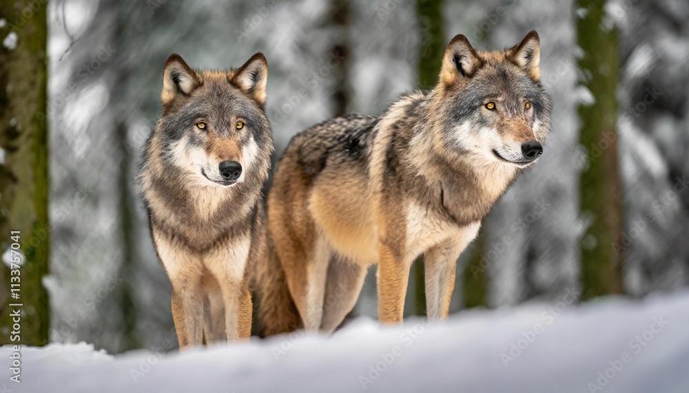 Pair of Wolves Standing in Snow-Covered Forest Observing Their Surroundings Pair of Wolves Standing in Snow-Covered Forest Observing Their Surroundings