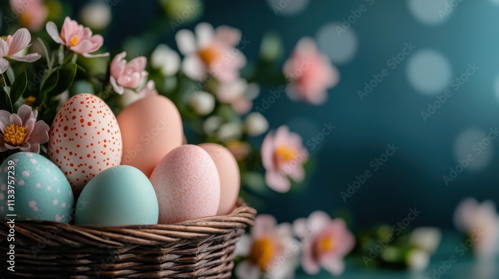 A beautiful arrangement of colorful Easter eggs nestled in a wicker basket surrounded by a vibrant array of blooming flowers and lush spring foliage A beautiful arrangement of colorful Easter eggs nestled in a wicker basket surrounded by a vibrant array of blooming flowers and lush spring foliage