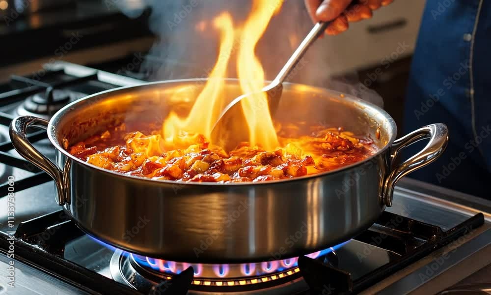 A pot of food igniting with flames on a stovetop. A pot of food igniting with flames on a stovetop.
