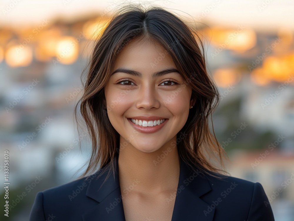 A woman in a suit is smiling for the camera A woman in a suit is smiling for the camera