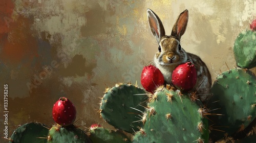 Rabbit Sitting on Cactus with Red Fruit in Desert Landscape photo