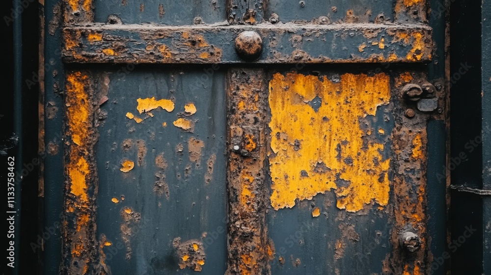 Close-up of Rusted Metal Door with Faded Yellow Paint Close-up of Rusted Metal Door with Faded Yellow Paint